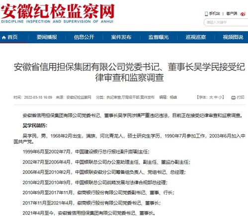 安徽省信用擔保集團黨委書記 董事長吳學民被查